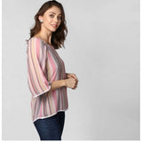 Pink polyester striped 3/4-sleeve top for women, round neck style