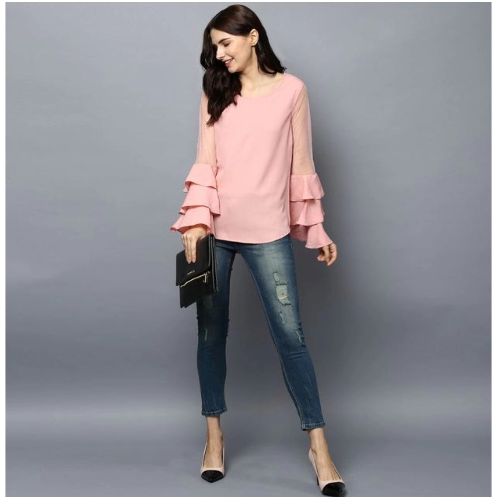 Pink polyester solid tier sleeve top, round neck, women's fashion wear on model