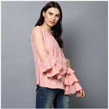 Pink polyester solid tier sleeve top for women's fashion, round neck style, vibrant pink hue on display