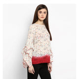 Off white and red ruffle sleeve rayon crepe top, printed pattern for women's fashion