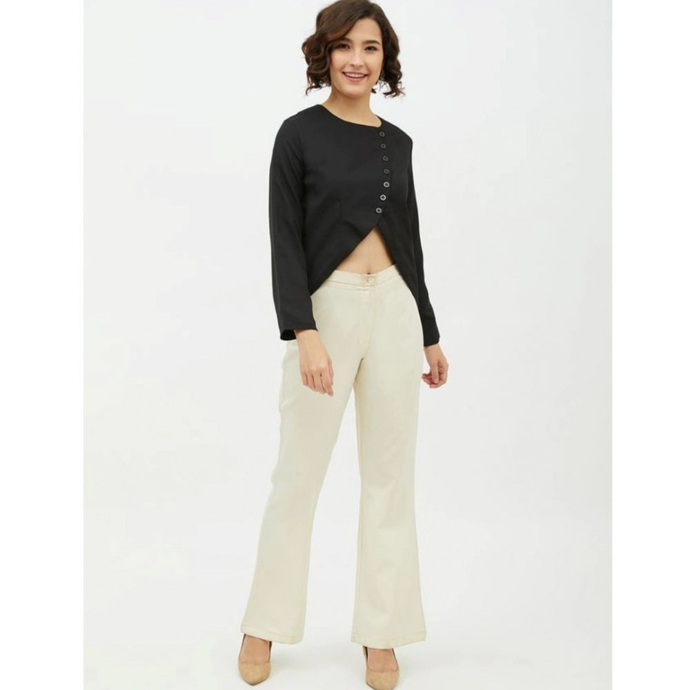 Black polyester asymmetrical long sleeves top, round neck design for women's fashion