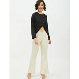 Black polyester asymmetrical long sleeves top with round neck, stylish and comfortable for women's fashion