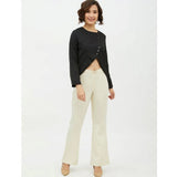 Black polyester asymmetrical long sleeves top, round neck design for women's fashion