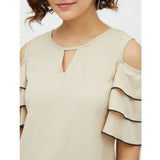 Beige polyester tiered cold shoulder top for women's fashion, round neck design on mannequin