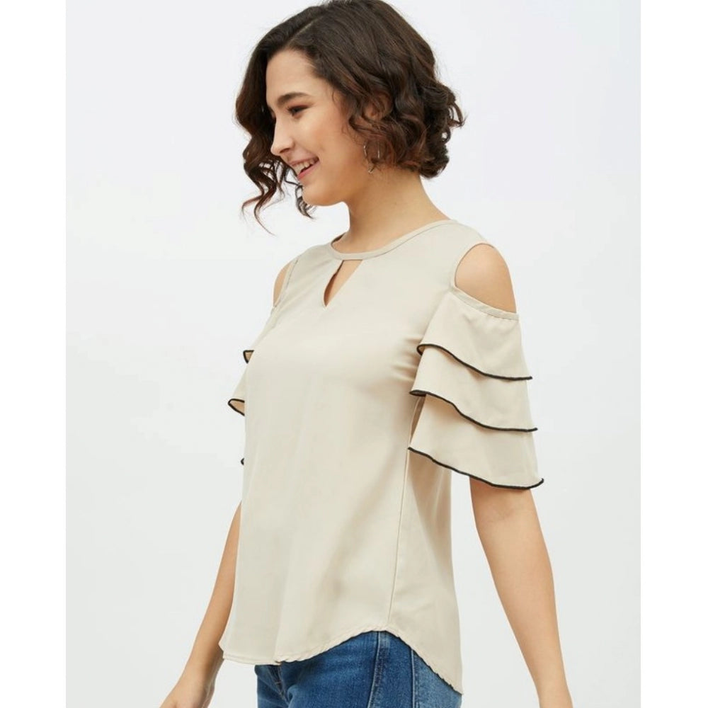 Beige polyester tiered cold shoulder top for women, rounded neckline, ideal for summer fashion