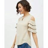 Beige polyester tiered cold shoulder top for women, rounded neckline, ideal for summer fashion
