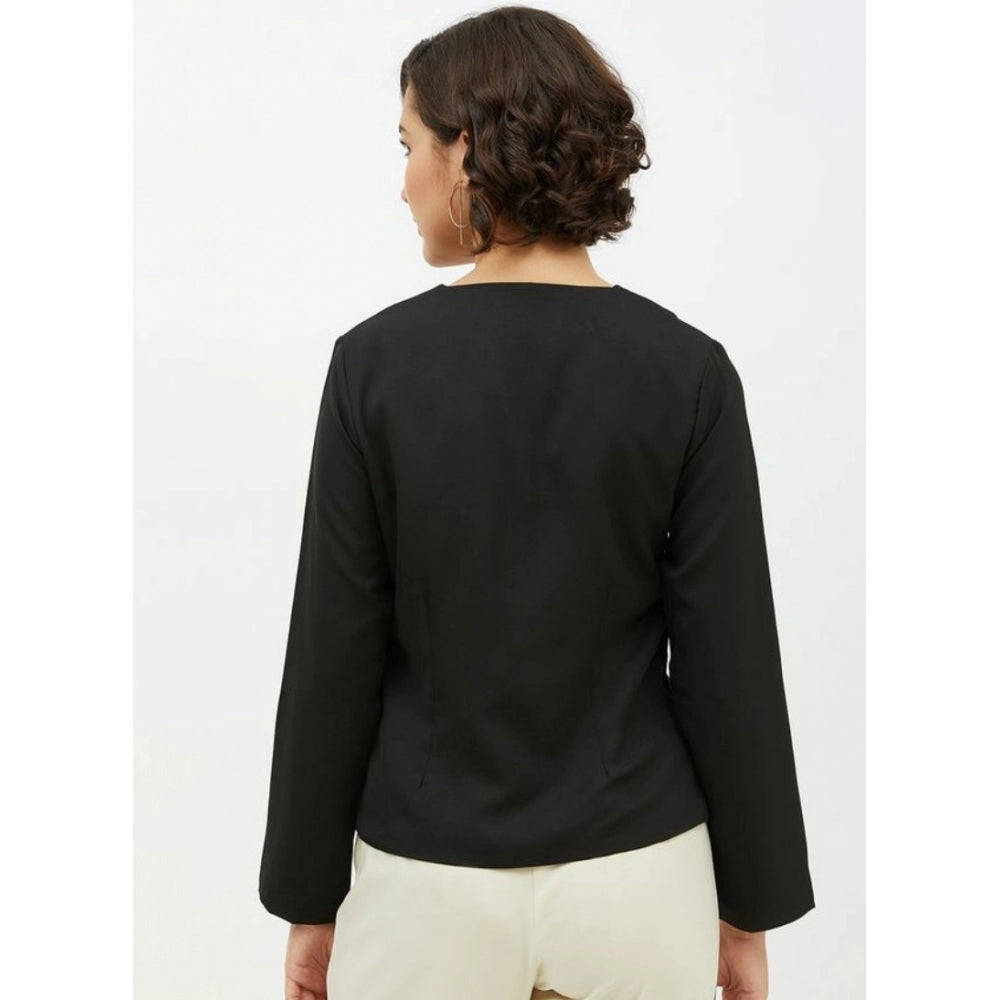 Black polyester asymmetrical long-sleeve top with round neck, detailing visible on model