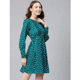 Green & White polyester polka long sleeves above-knee dress on model
