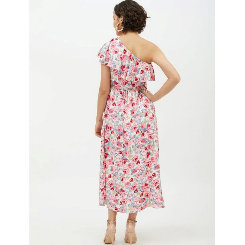 Multicolor polyester floral one-shoulder calf-length dress for women, vibrant floral pattern on display