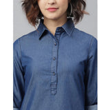 Navy Blue denim long sleeve dress with solid pattern, ideal for women's fashion