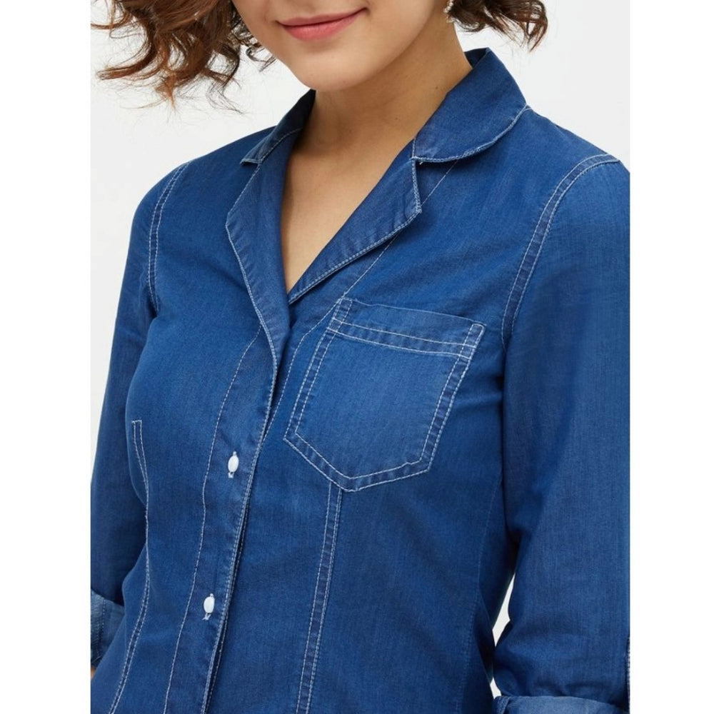 Blue denim long sleeve dress with solid pattern for women's fashion, above knee length on mannequin