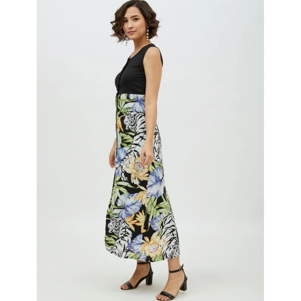 Multicolor rayon floral sleeveless calf-length dress on model, vibrant floral print design