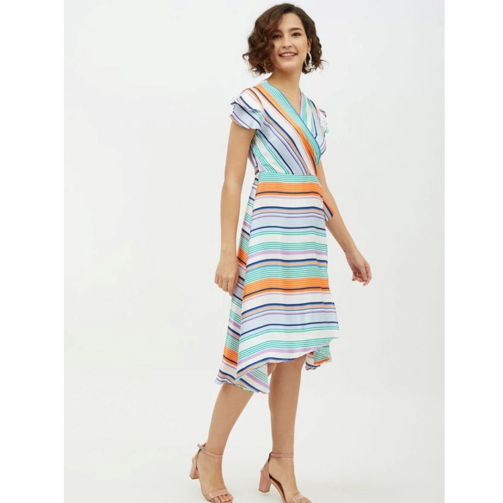 Multicolor satin striped short sleeve knee-length women's dress, vibrant pattern on display