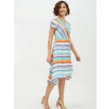 Multicolor satin striped short sleeve knee-length women's dress, vibrant pattern on display