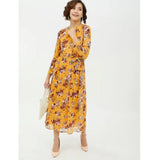 Multicolor polyester floral long sleeves calf-length dress for women, vibrant pattern on display stand