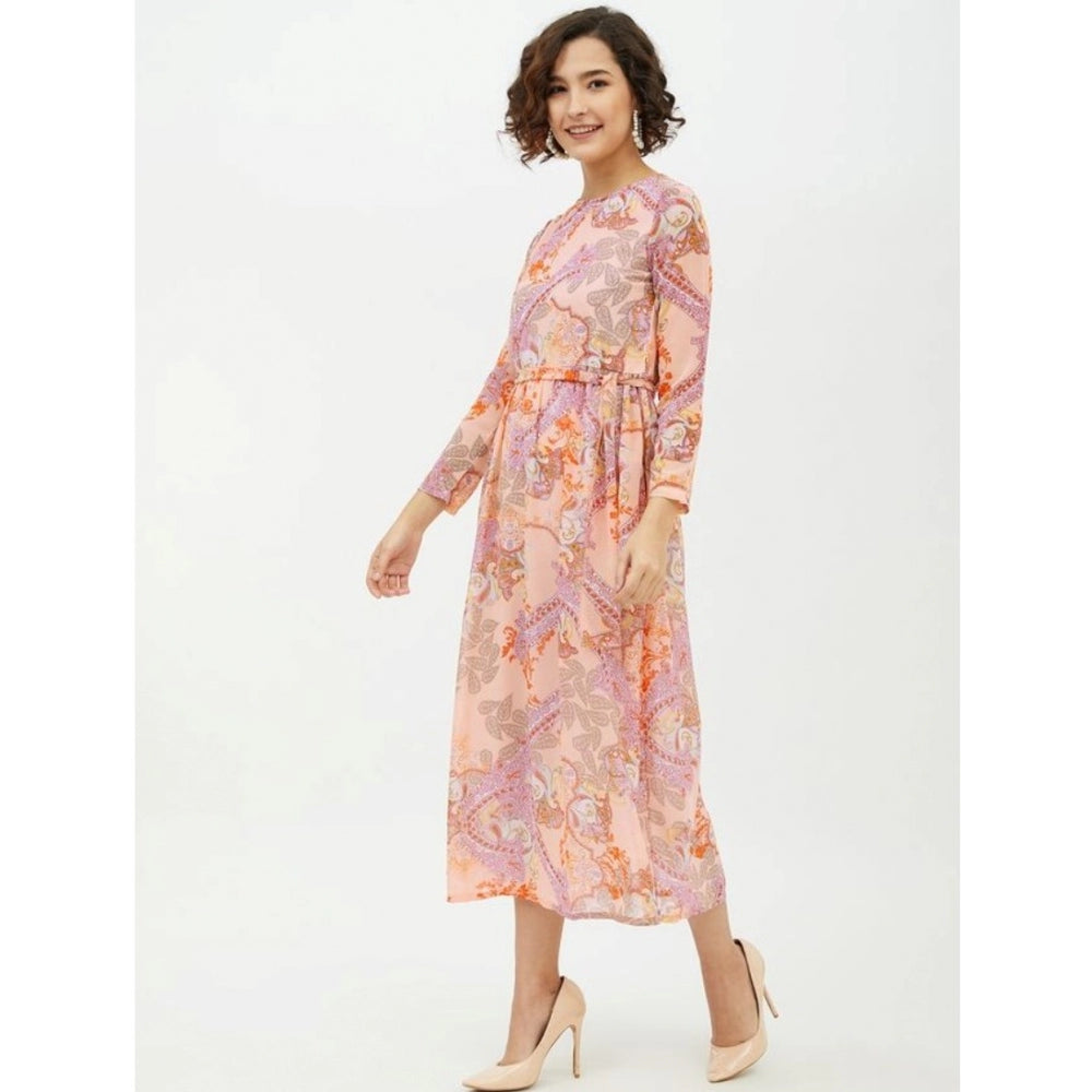 Multicolor printed polyester long sleeves calf-length dress on model, vivid pattern accentuates feminine silhouette