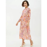 Multicolor printed polyester long sleeves calf-length dress on model, vivid pattern accentuates feminine silhouette