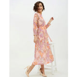 Multicolor polyester printed long sleeves calf-length dress with round neck on model