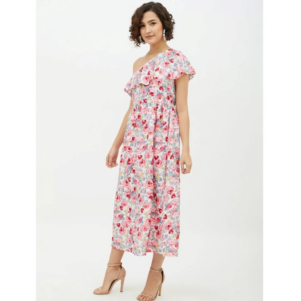 Multicolor polyester floral one-shoulder calf-length dress with vibrant floral pattern, suitable for various occasions