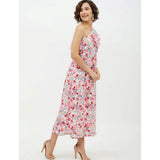 Multicolor polyester floral one-shoulder calf-length dress with vibrant floral patterns on display