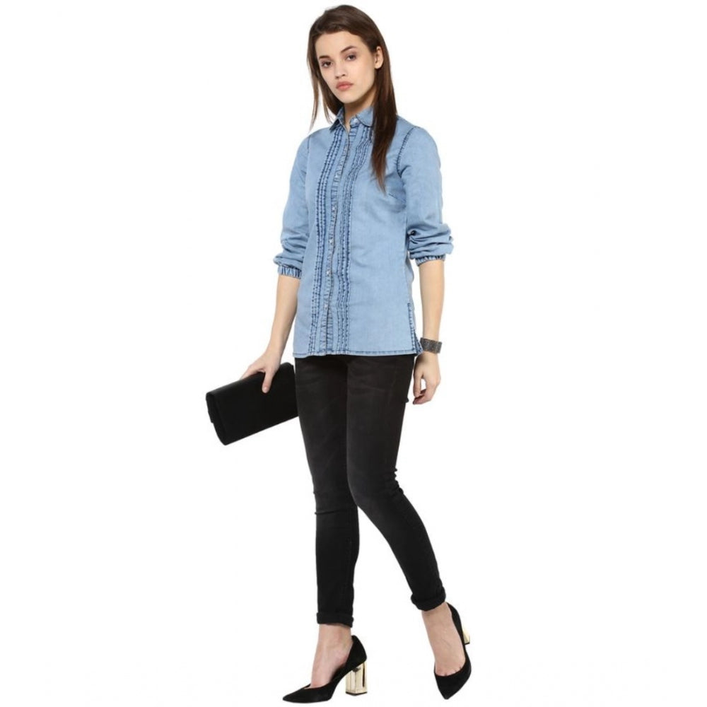Blue denim women's 3/4th sleeve solid shirt - standard length, durable and stylish casual wear