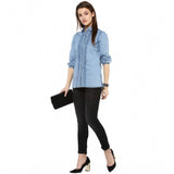 Blue denim women's 3/4th sleeve solid shirt - standard length, durable and stylish casual wear