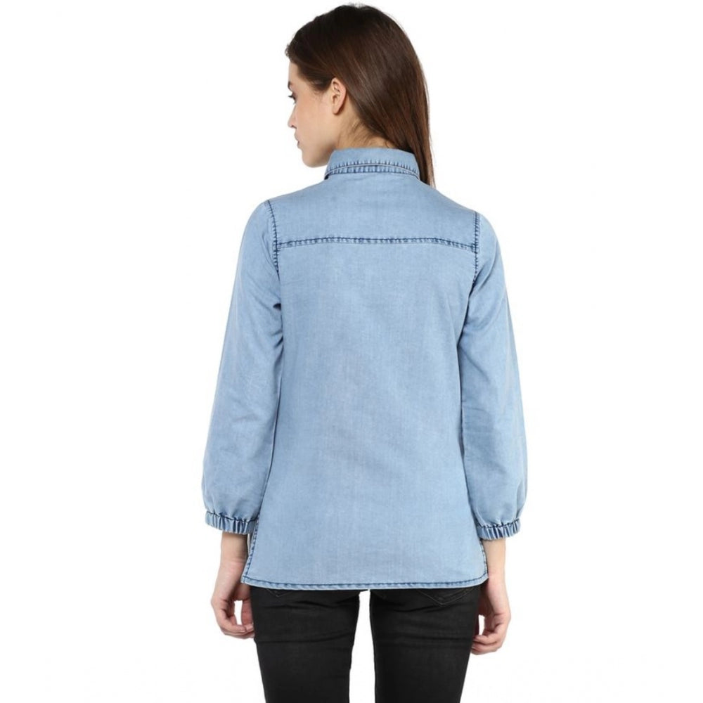 Blue denim 3/4th sleeve standard length shirt - solid pattern for women's casual wear