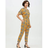 Women's Polyester Printed Half Sleeve Long Jumpsuit (Yellow)