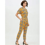 Yellow polyester printed long jumpsuit with v-neck and half sleeves
