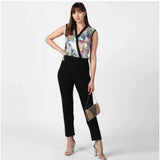 Black embellished polyester sleeveless jumpsuit for women - vibrant details on display