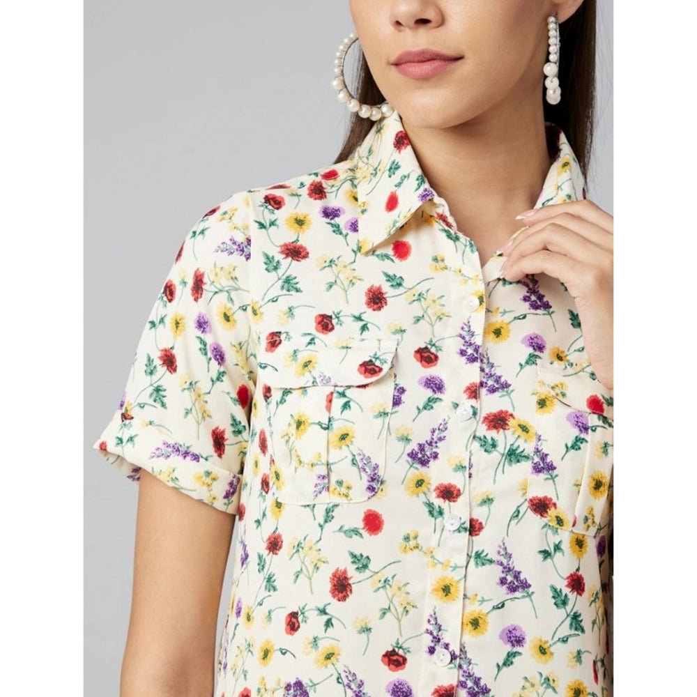 Multicolor polyester floral short sleeve above-knee dress for women, vibrant floral pattern on a breathable material