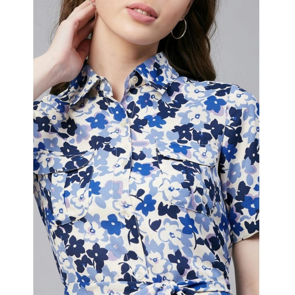 Blue & White Polyester Floral Short Sleeve Above Knee Dress for women, featuring floral print on a collared dress