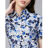 Blue & White Polyester Floral Short Sleeve Above Knee Dress for women, featuring floral print on a collared dress
