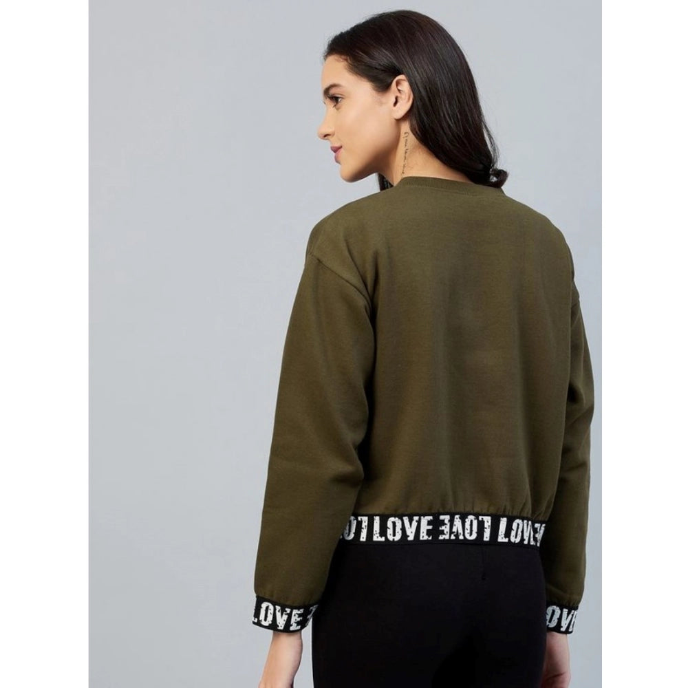 Olive fleece women's long sleeve solid sweatshirt with round neck, cozy winter wear for active lifestyles