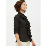 Black polyester ruffled long sleeves shirt - mandarin collar, standard length (fashion accessory)