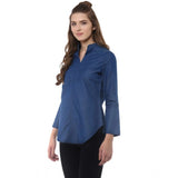 Blue denim women's denim solid bell sleeve regular top with collared neck and bell sleeves
