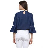 Blue polyester bell sleeve top for women, solid design with a keyhole neckline on display