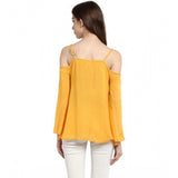 Mustard yellow rayon embellished cold shoulder regular top for women, detailed view showcases intricate pattern