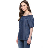 Blue denim women's short sleeve regular top with off-shoulder neck, cotton-based solid fabric