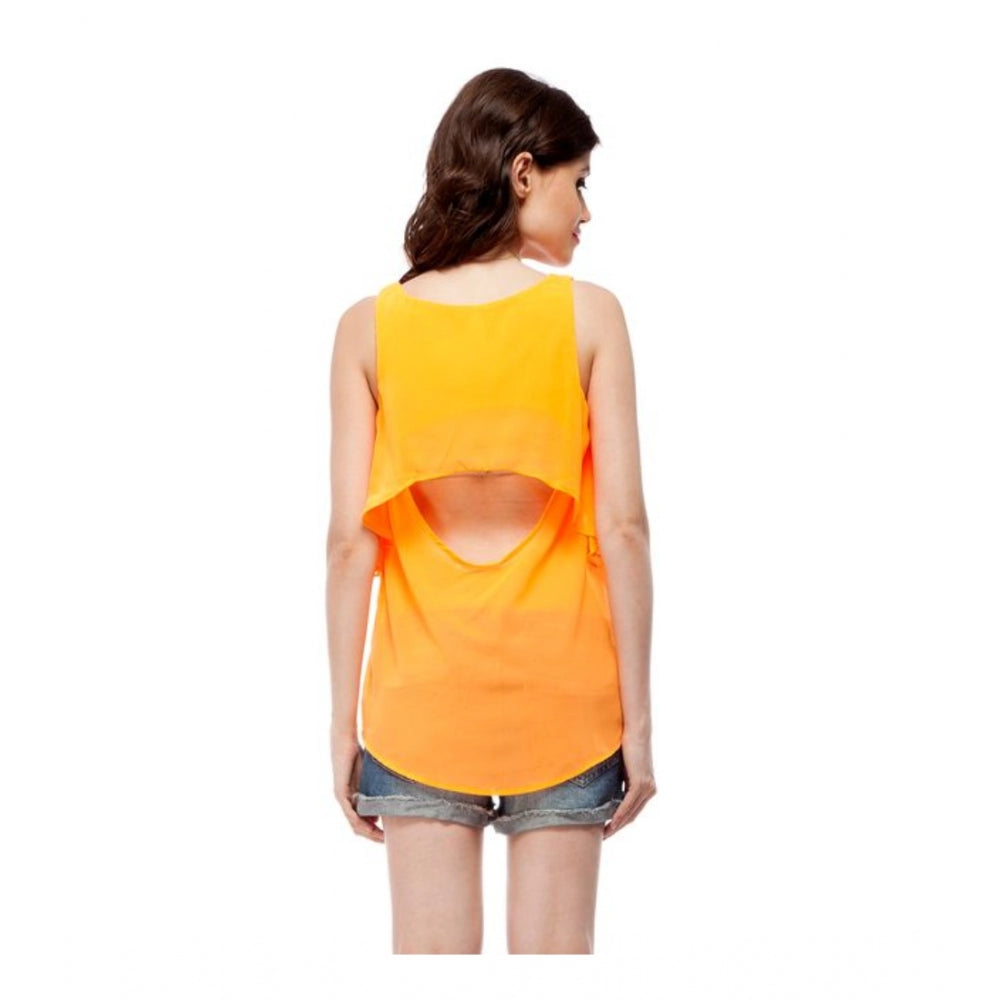 Orange polyester solid sleeveless top for women, round neck style with regular length