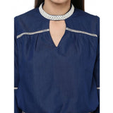 Blue polyester solid bell sleeve top with keyhole neck, ideal for everyday wear