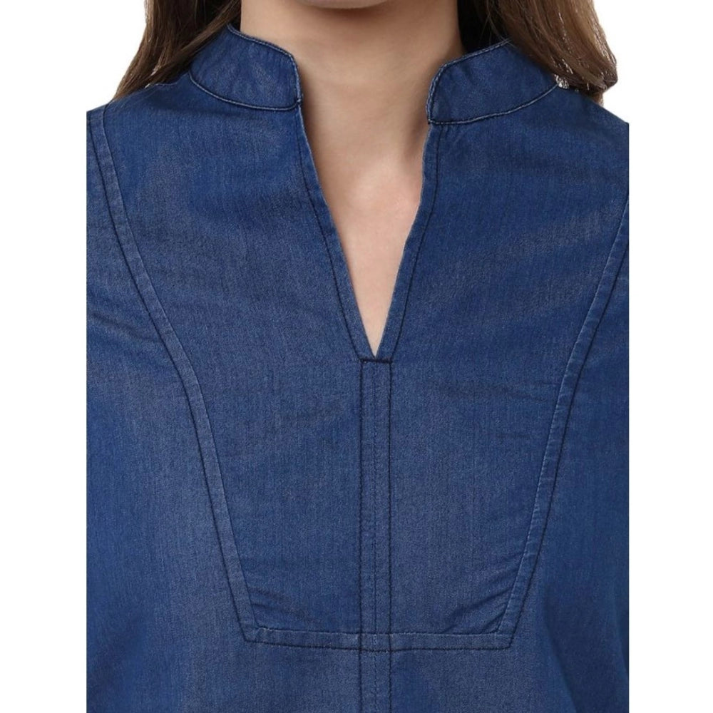 Blue denim solid bell sleeve women's top, regular length with collar neck