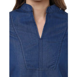 Blue denim solid bell sleeve women's top, regular length with collar neck