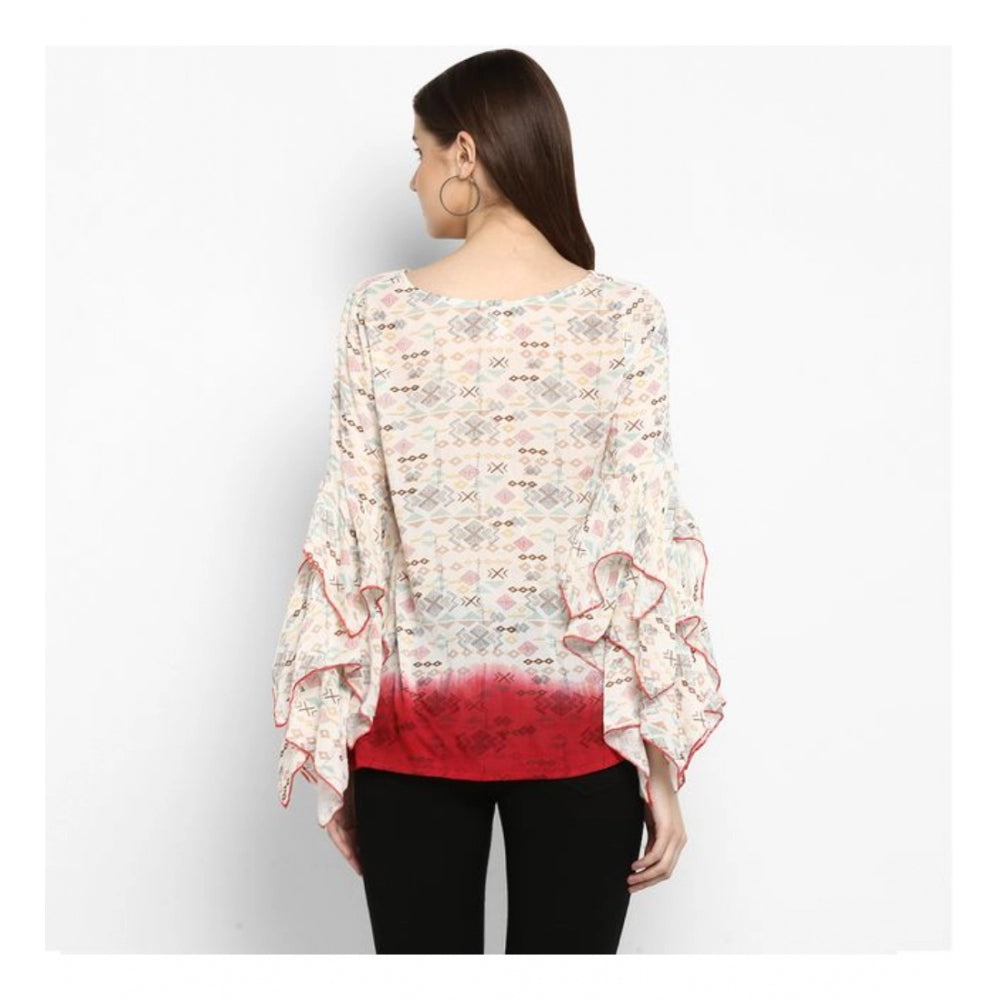 Off white and red rayon crepe printed ruffle sleeve top for women's fashion, close-up view on mannequin