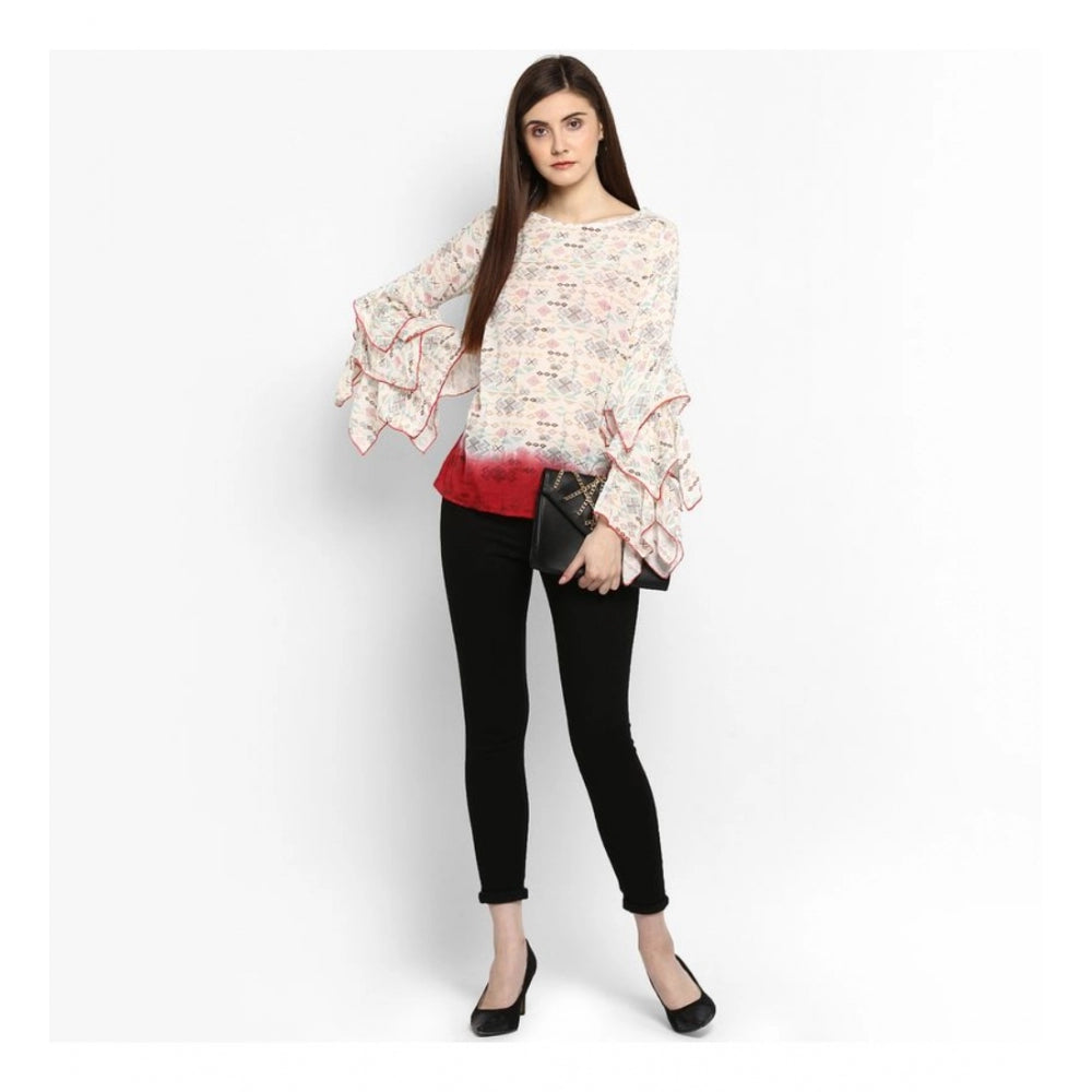 Off-white and red rayon crepe printed ruffle sleeve top for women, vibrant floral pattern on display