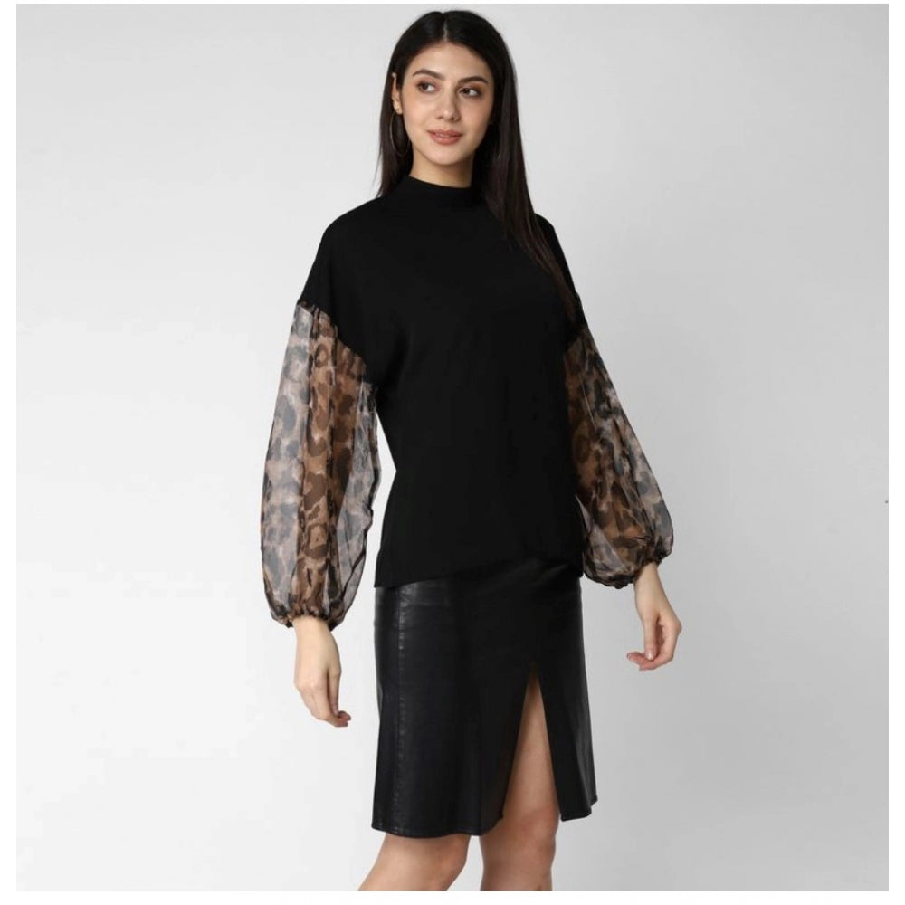 Black polyester animal print long sleeves top with closed neck