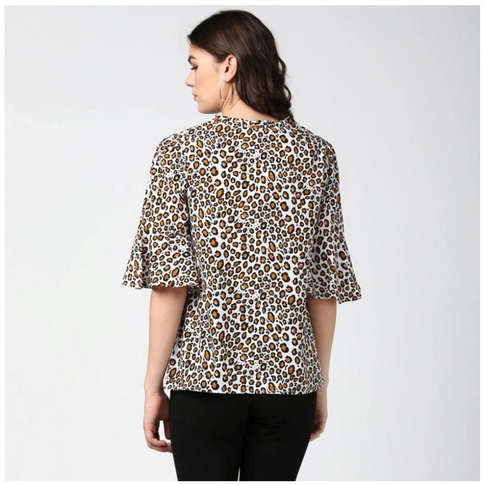 Orange & black polyester animal print bell sleeve top for women, collar neck, fashionable apparel