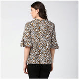 Orange & black polyester animal print bell sleeve top for women, collar neck, fashionable apparel
