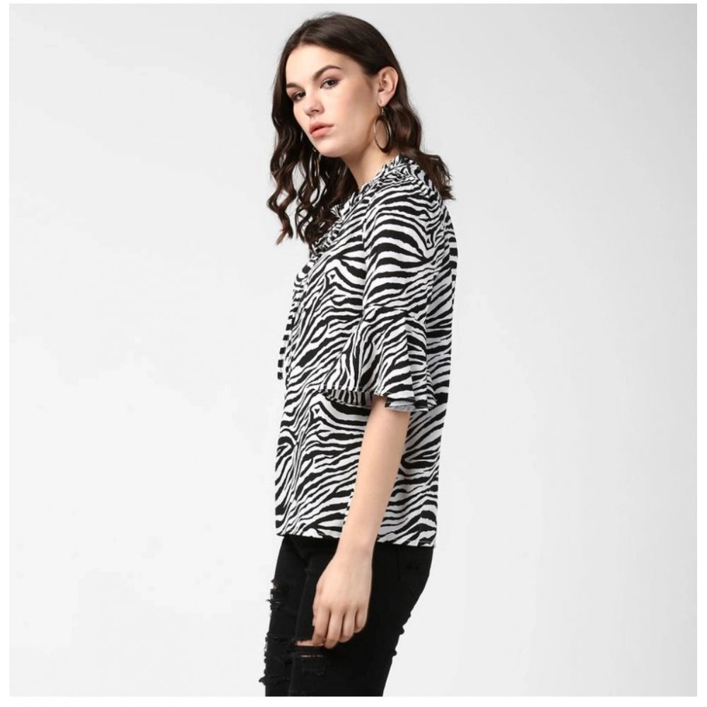 Black & White animal print bell sleeve top on model, women's polyester fashion top with collar neckline