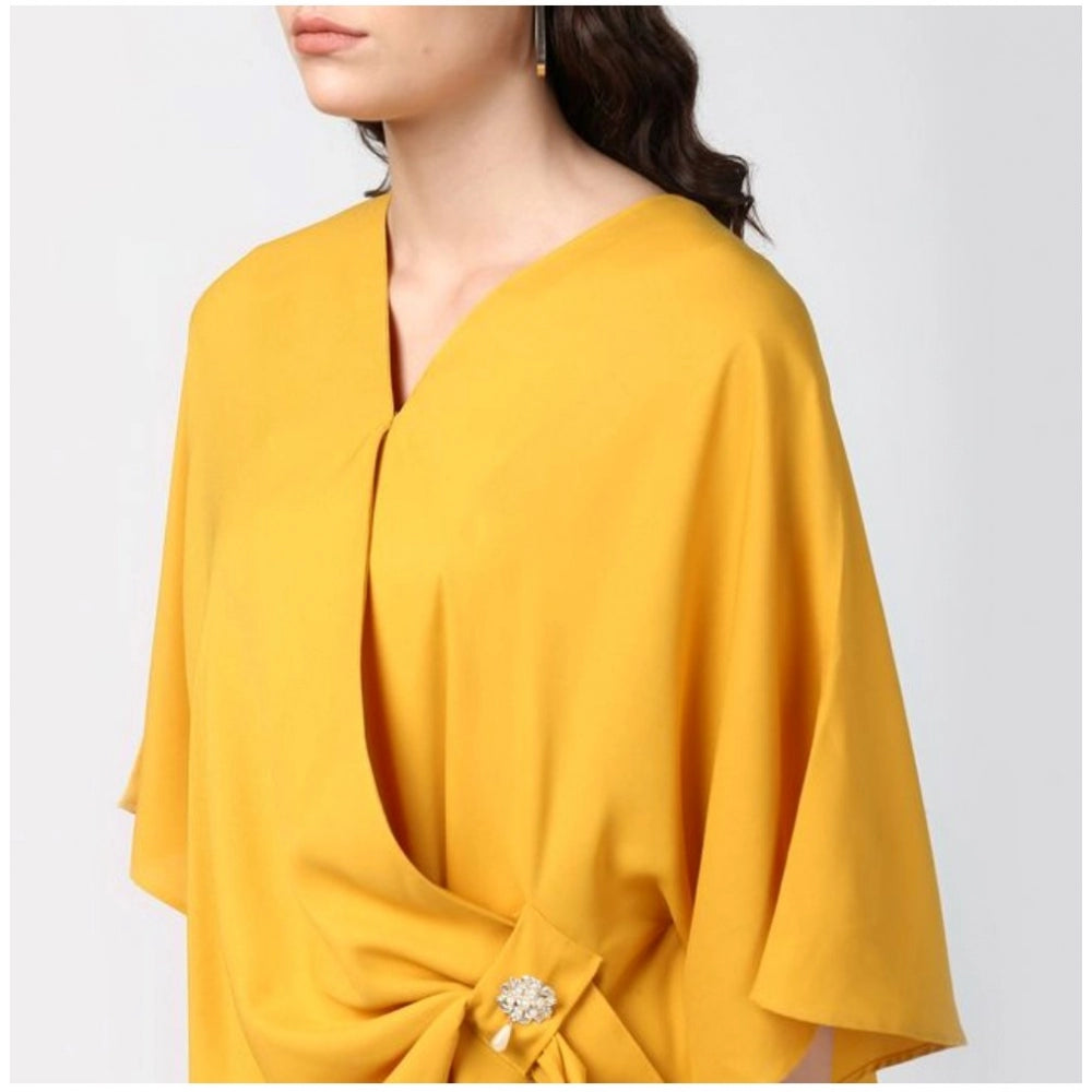 Yellow polyester solid cape sleeve top for women, vibrant and versatile clothing piece